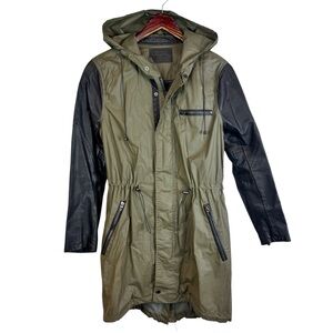 Blank NYC | Hooded Green Dipped Jacket with Black Faux Leather Sleeves, XS